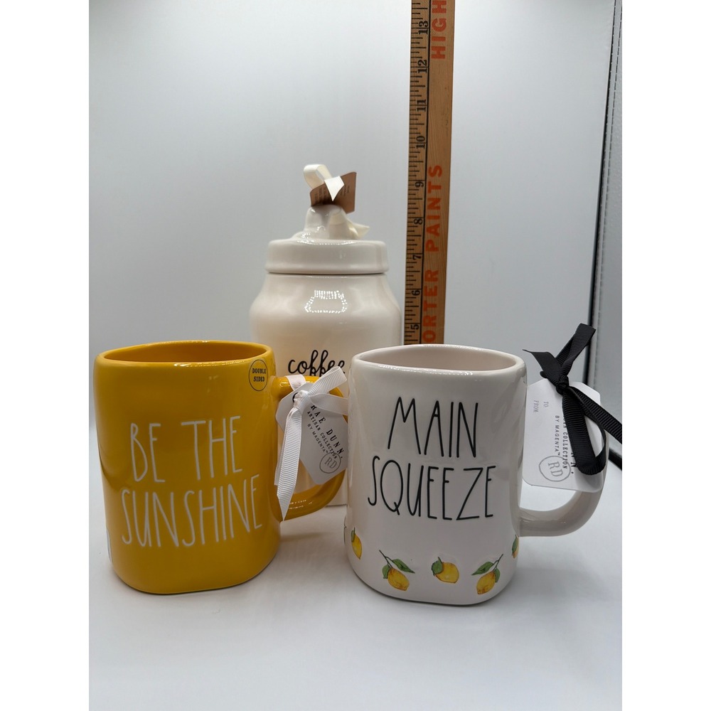 Rae Dunn Coffee Bar Lot Be the Sunshine & Main Squeeze Mugs, Coffee Canister NWT
